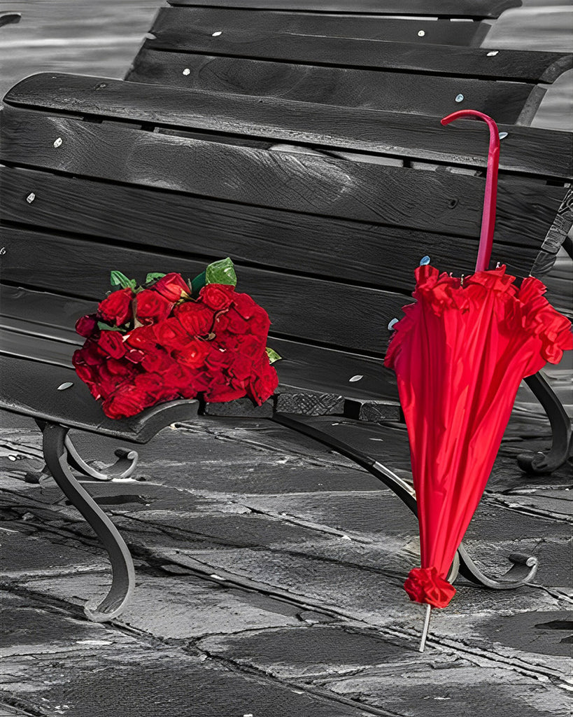 Rote Rosen und roter Regenschirm Malen nach Zahlen