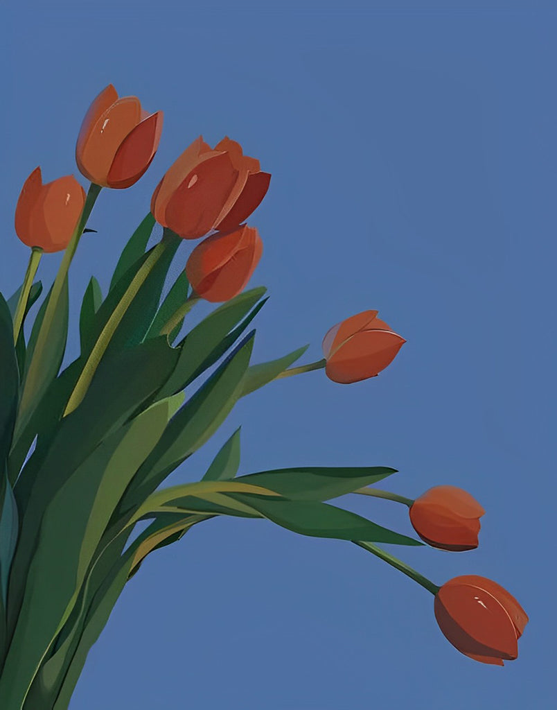 Rote Tulpen auf blauem Hintergrund Malen nach Zahlen