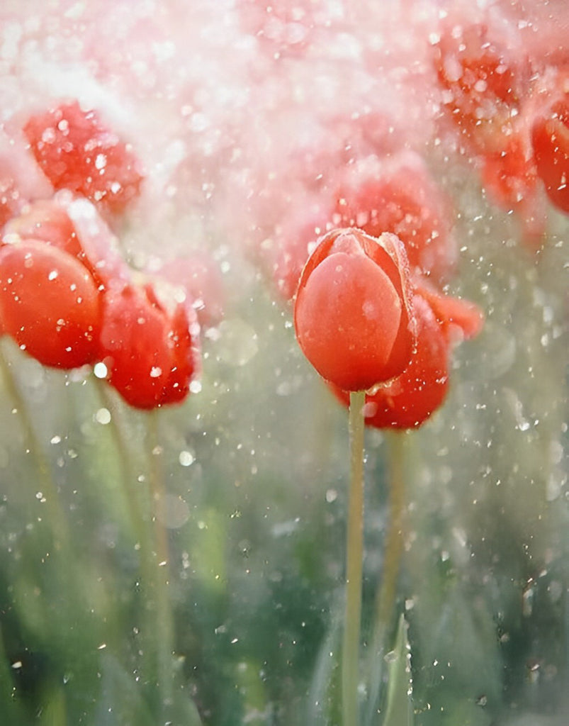 Rote Tulpen im Regen Malen nach Zahlen