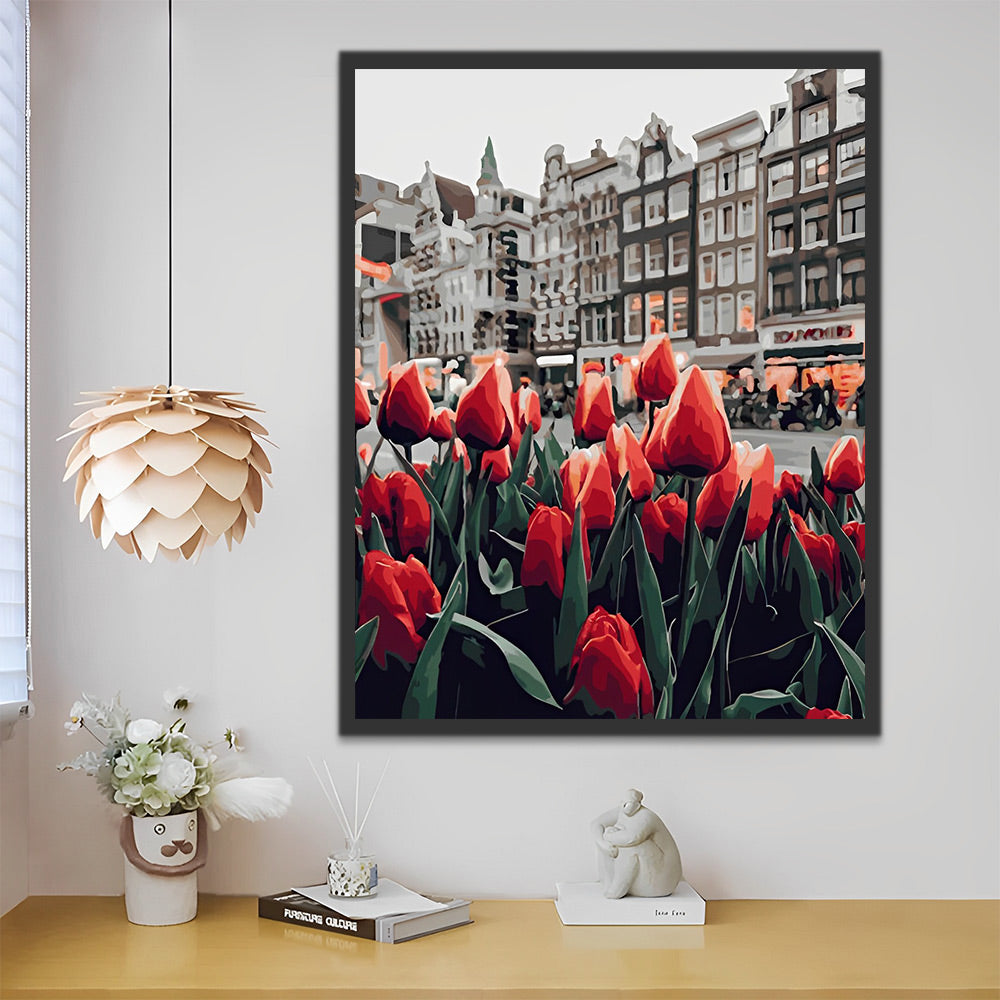 Rote Tulpen in der modernen Stadt Malen nach Zahlen