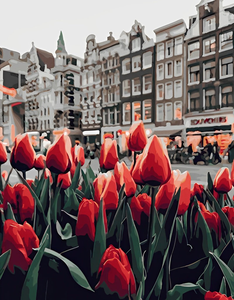 Rote Tulpen in der modernen Stadt Malen nach Zahlen