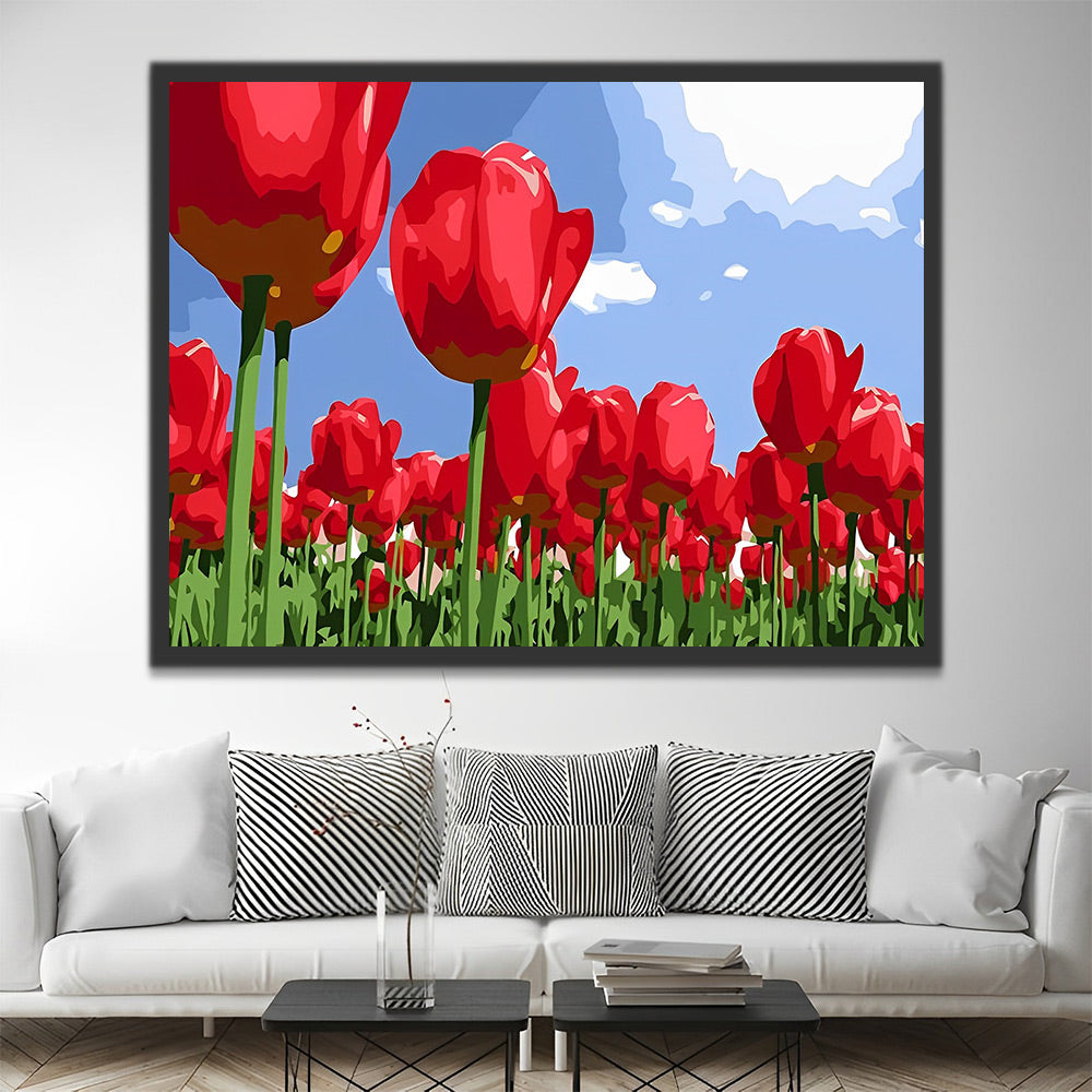 Rote Tulpen unter blauem Himmel Malen nach Zahlen