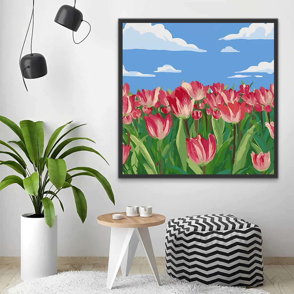 Rote Tulpen unter blauem Himmel Malen nach Zahlen