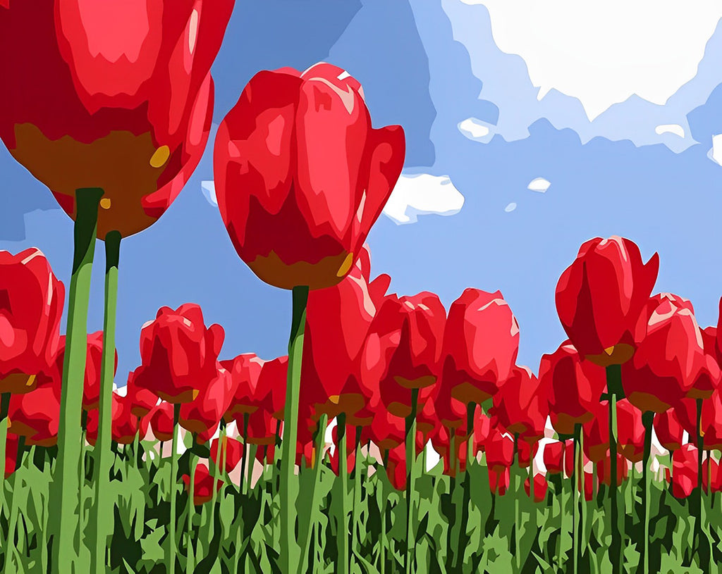 Rote Tulpen unter blauem Himmel Malen nach Zahlen