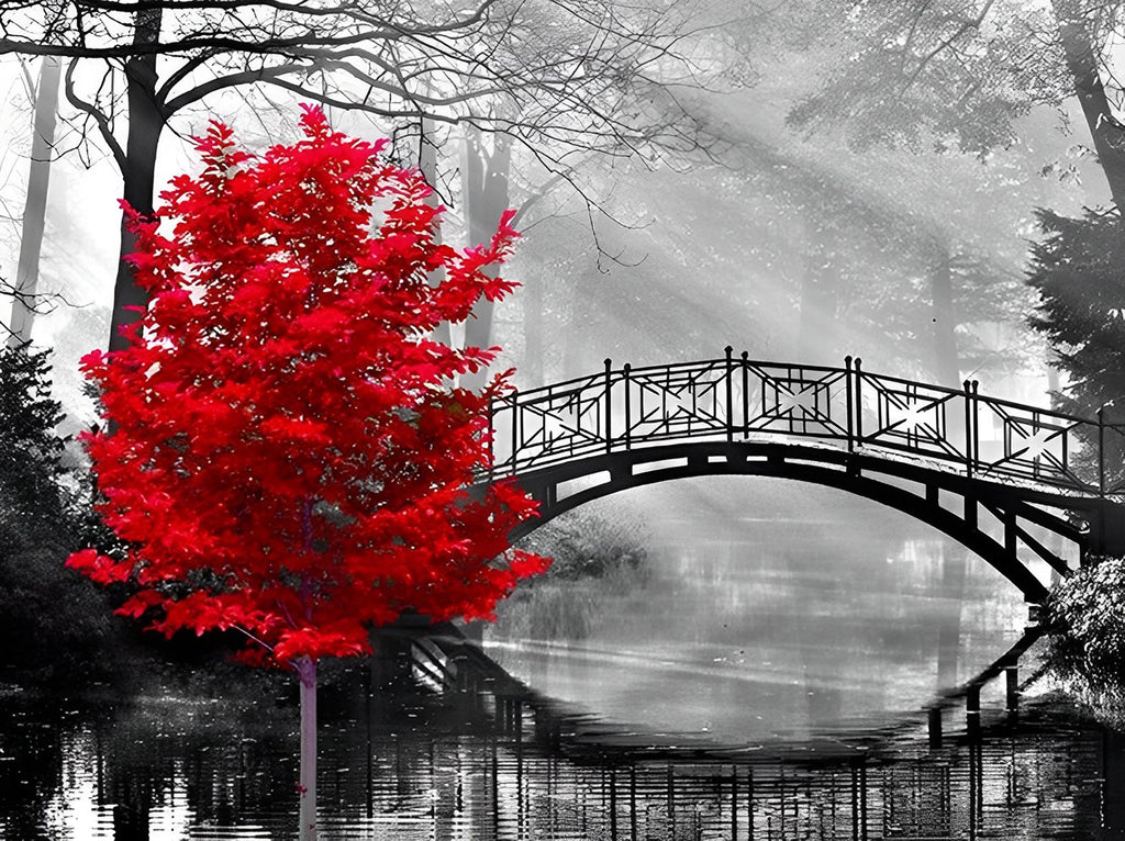 Roter Baum neben einer Brücke Malen nach Zahlen