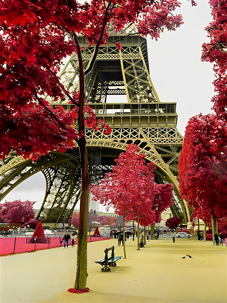 Roter Baum vor dem Eiffelturm Malen nach Zahlen