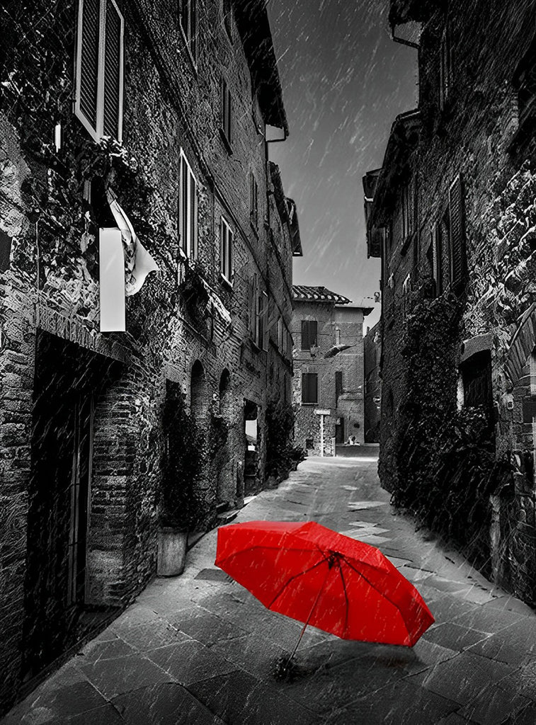 Roter Regenschirm in der Gasse Malen nach Zahlen