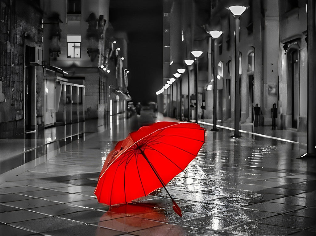 Roter Regenschirm in der grauen Stadt Malen nach Zahlen