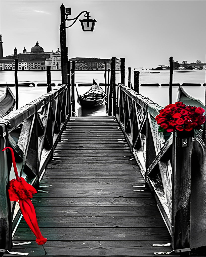 Roter Regenschirm und Rosen auf der Brücke Malen nach Zahlen