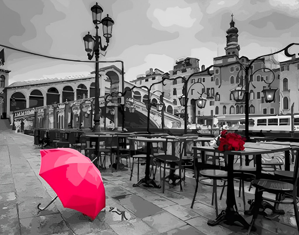 Roter Regenschirm und rote Rosen Malen nach Zahlen