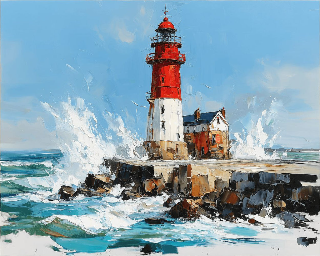 Roter und weißer Leuchtturm im Meer Malen nach Zahlen