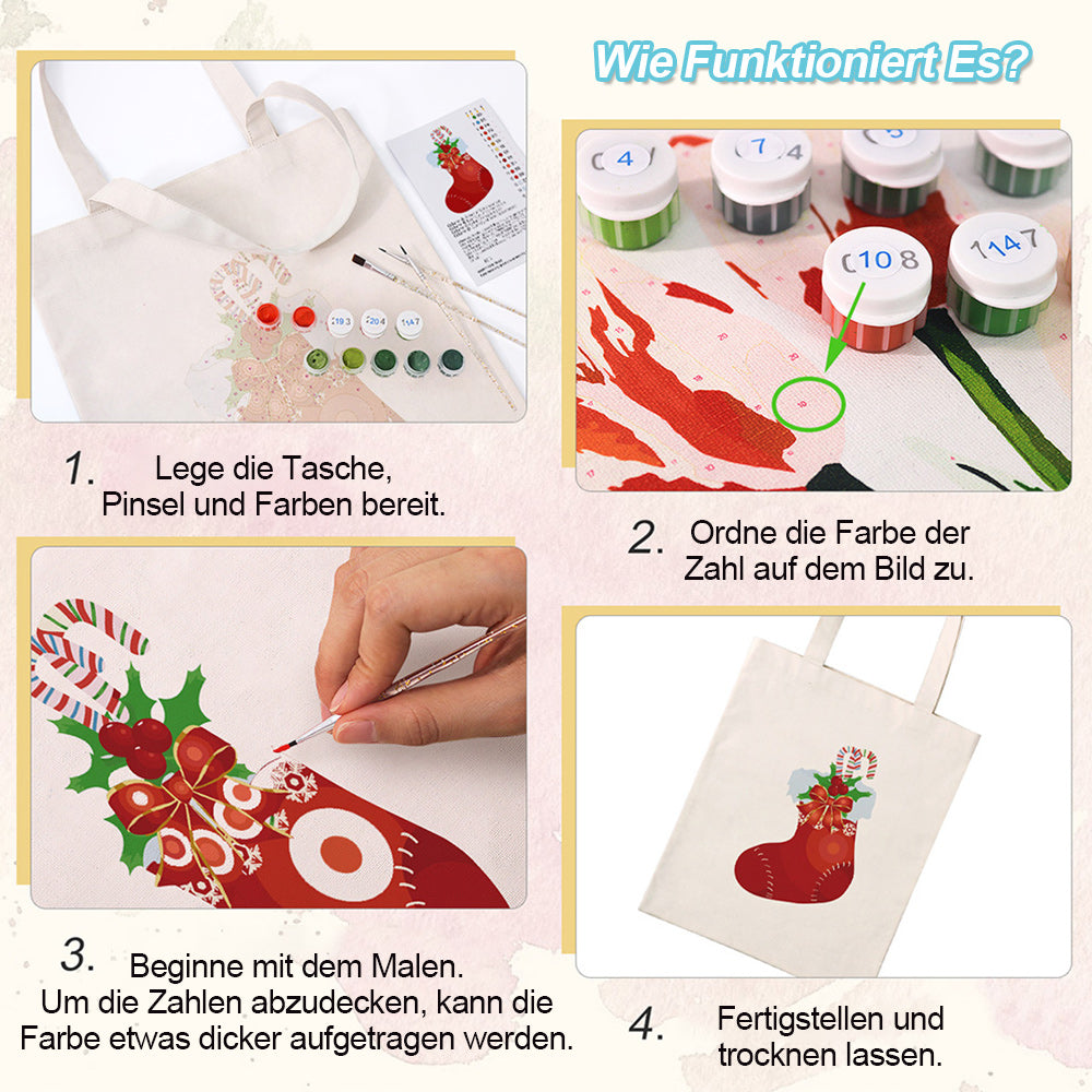 Roter Weihnachtsstrumpf Leinwand Tragetasche Malen nach Zahlen