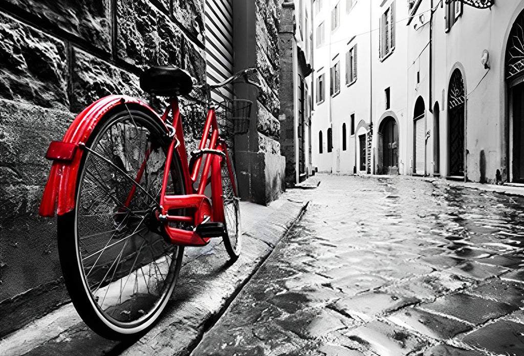 Rotes Fahrrad in der Gasse Malen nach Zahlen