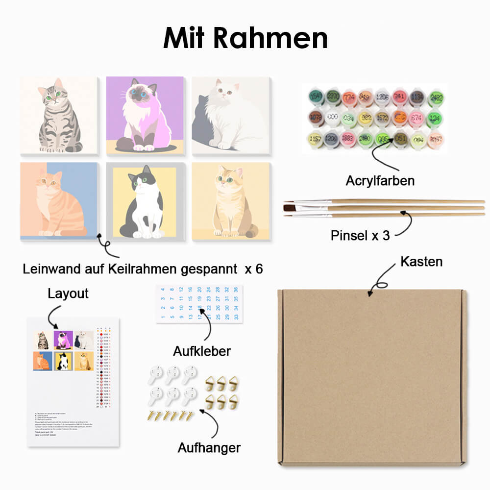 Ruhige Katzen 6 Stück Mini Malen nach Zahlen