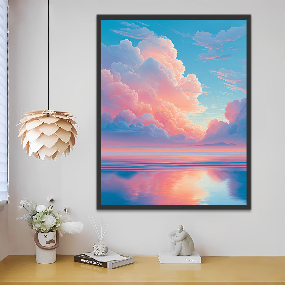 Ruhiges Meer unter rosa Wolken Malen nach Zahlen
