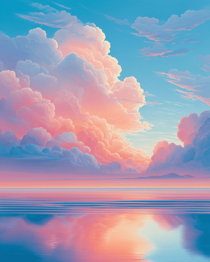 Ruhiges Meer unter rosa Wolken Malen nach Zahlen