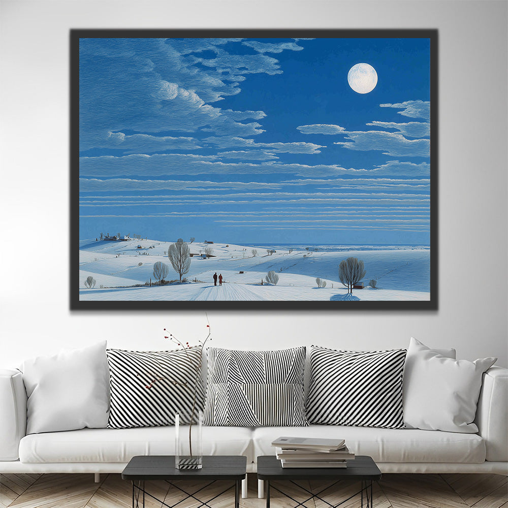 Ruhiges und leeres Schneefeld unter blauem Himmel Malen nach Zahlen