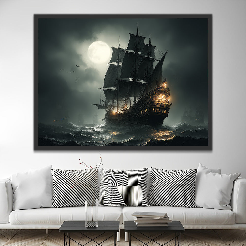 Schiff auf dem Meer unter dunklen Wolken Malen nach Zahlen