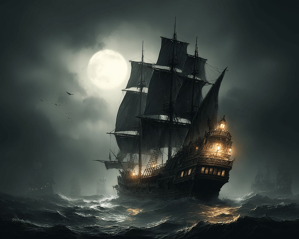 Schiff auf dem Meer unter dunklen Wolken Malen nach Zahlen
