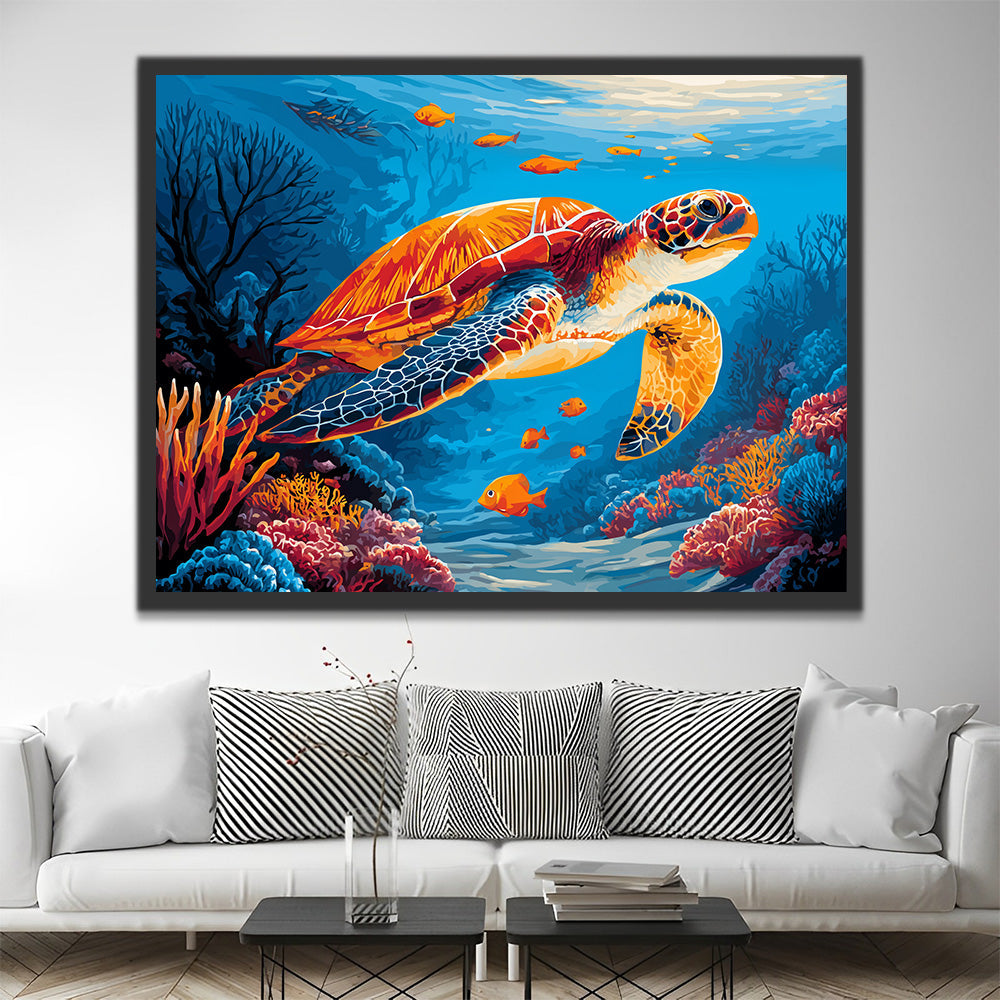 Schildkröten und orangefarbene Fische in der Tiefsee Malen nach Zahlen