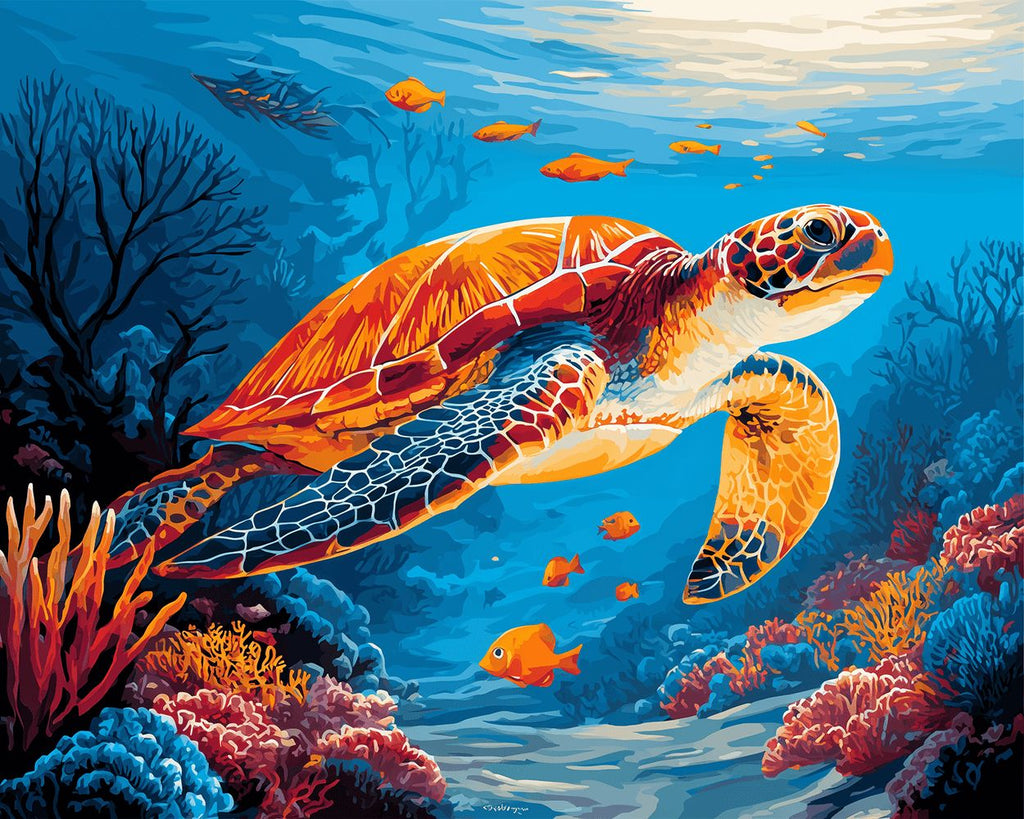Schildkröten und orangefarbene Fische in der Tiefsee Malen nach Zahlen