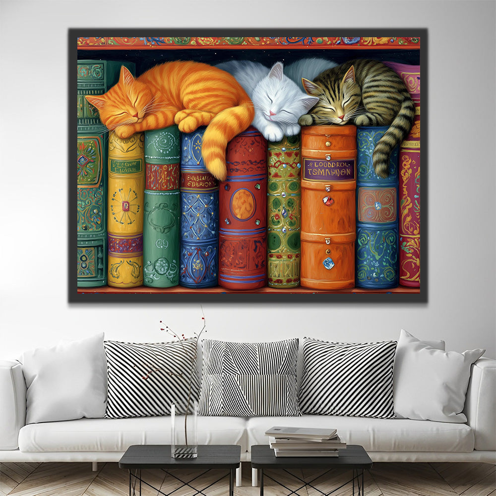 Schlafende Katzen im Bücherregal Malen nach Zahlen