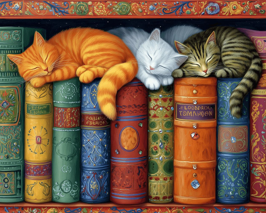 Schlafende Katzen im Bücherregal Malen nach Zahlen