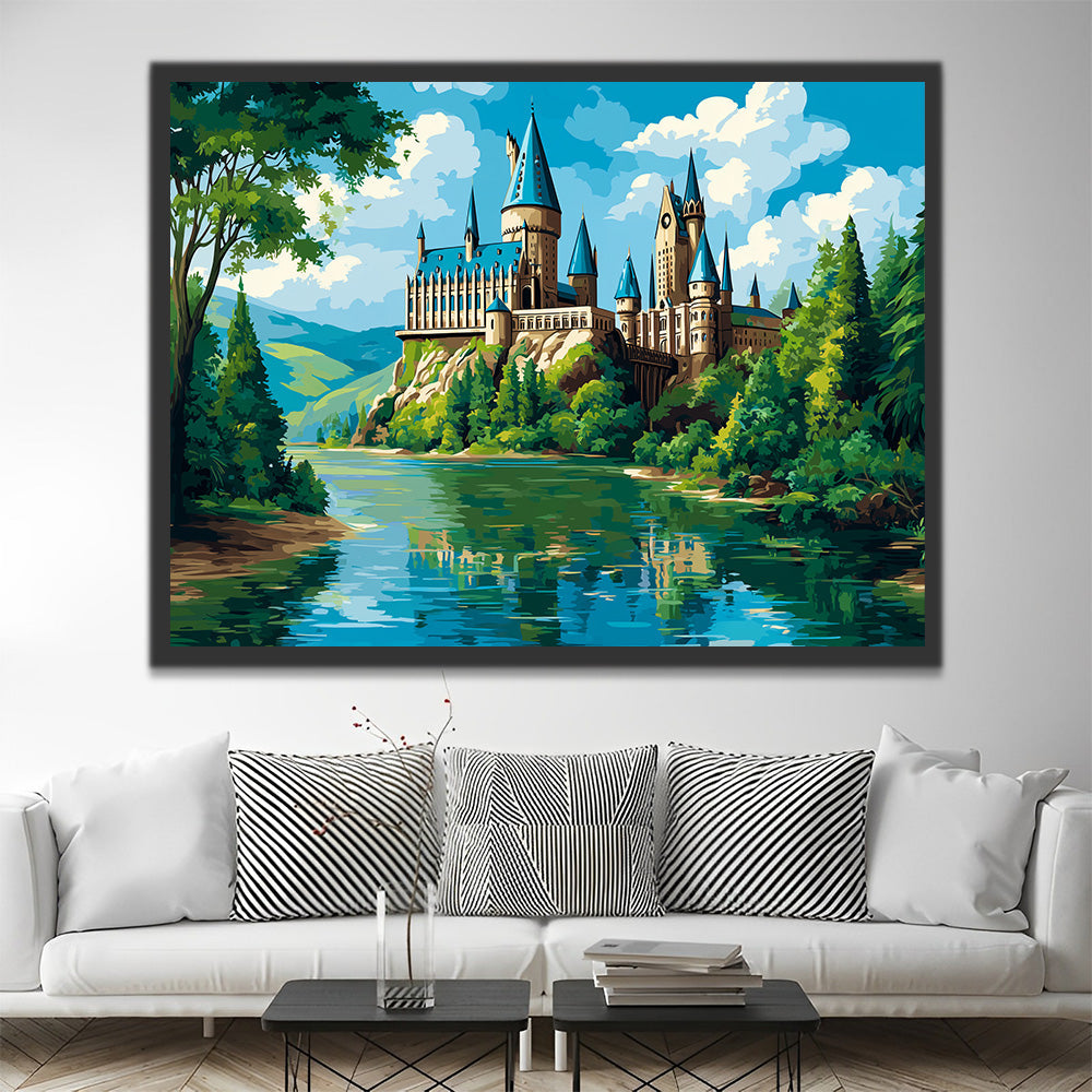 Schloss am Fluss mit üppigem Grün im Sommer Malen nach Zahlen