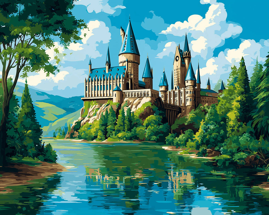 Schloss am Fluss mit üppigem Grün im Sommer Malen nach Zahlen