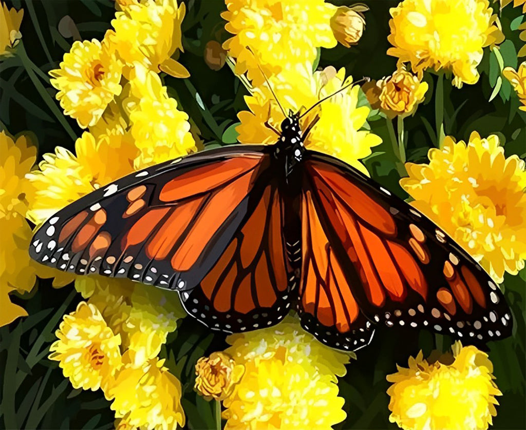 Schmetterling und gelbe Chrysanthemen Malen nach Zahlen