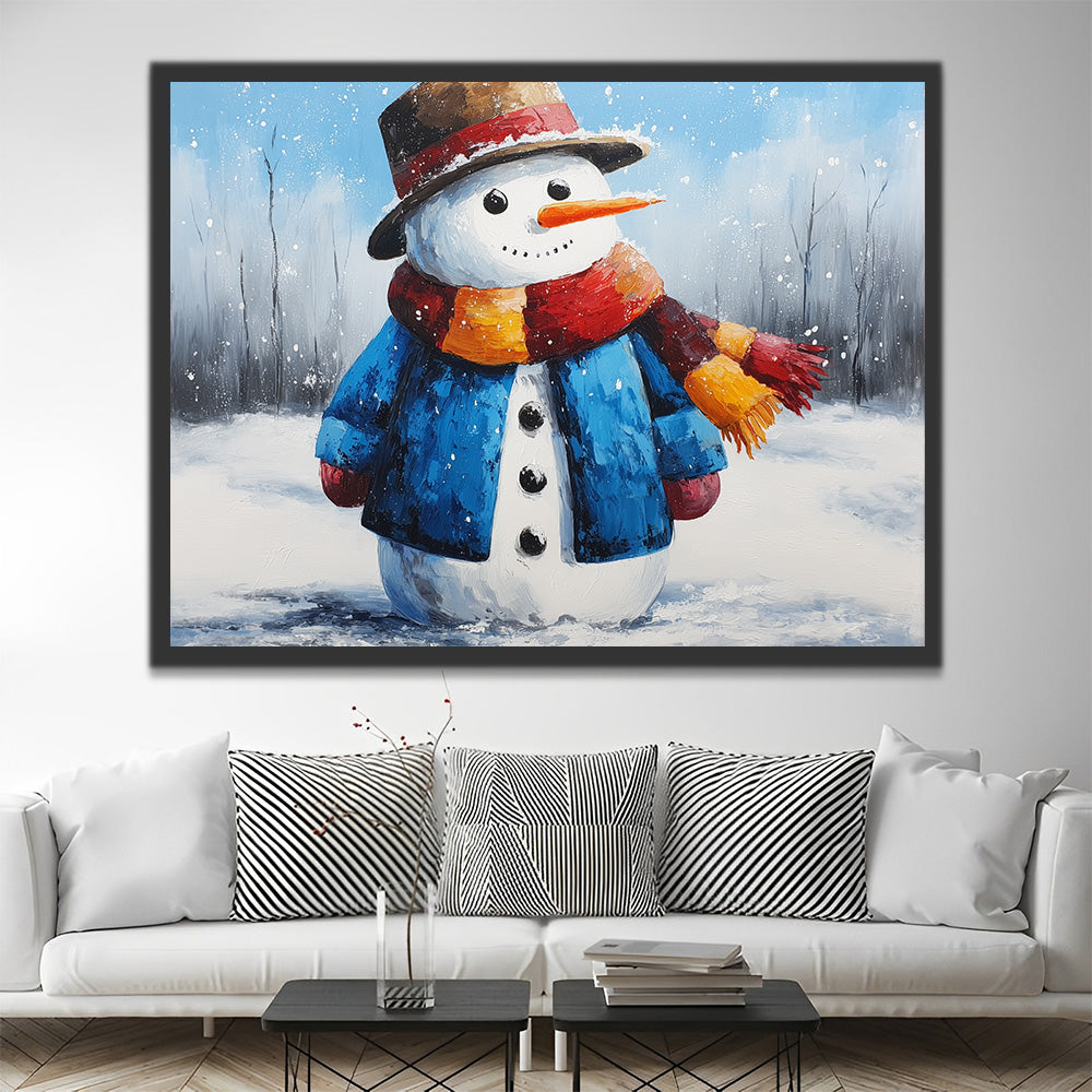 Schneemann im blauen Mantel im Schnee Malen nach Zahlen
