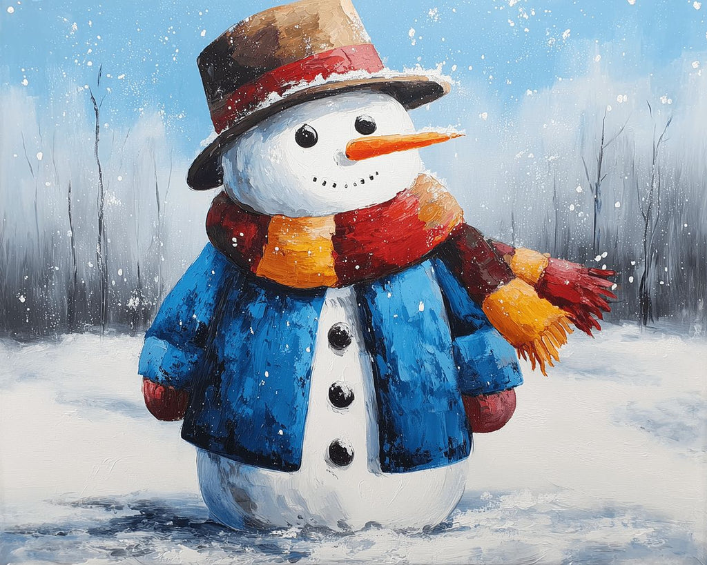 Schneemann im blauen Mantel im Schnee Malen nach Zahlen