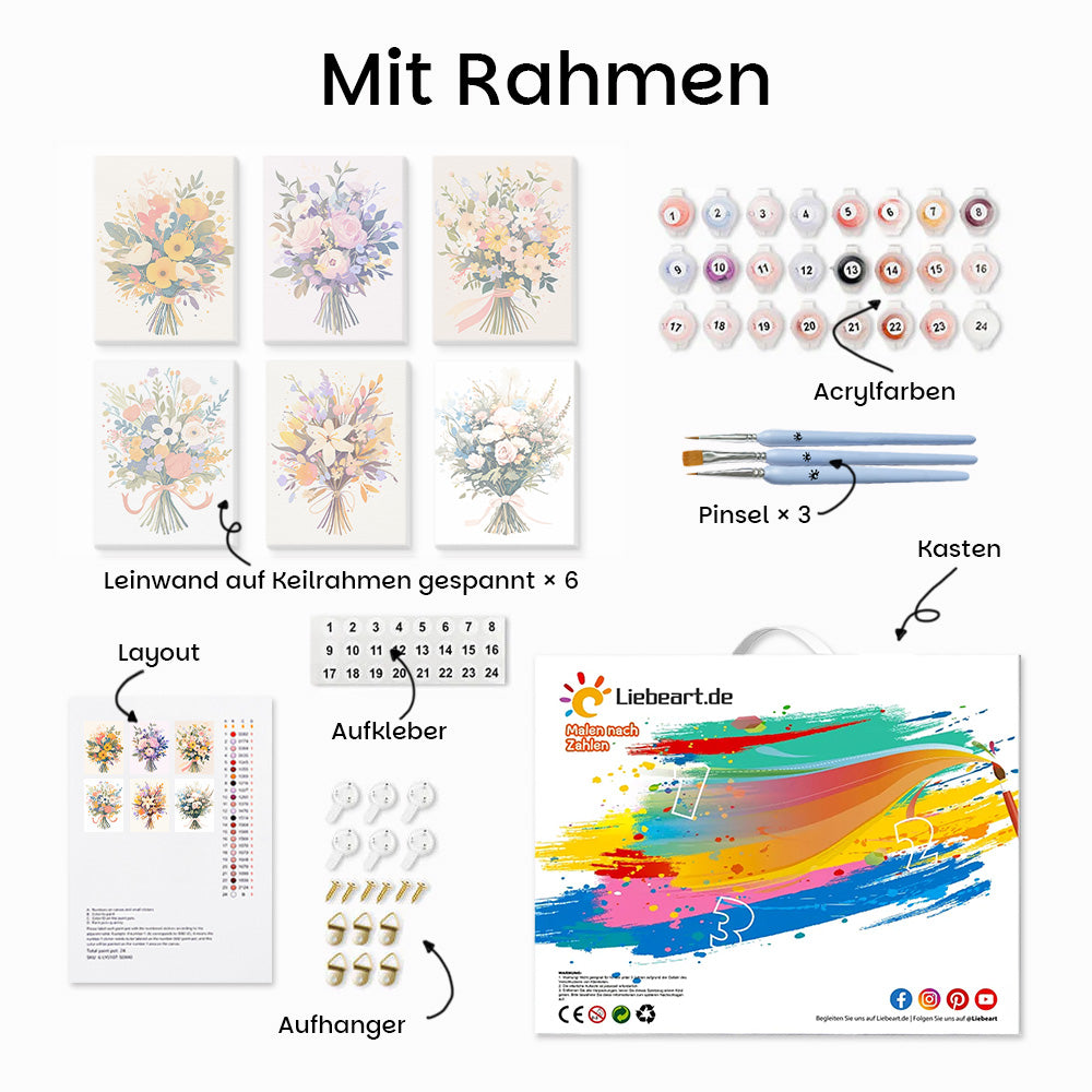 Schöne Blumensträuße 6 Stück Mini Malen nach Zahlen