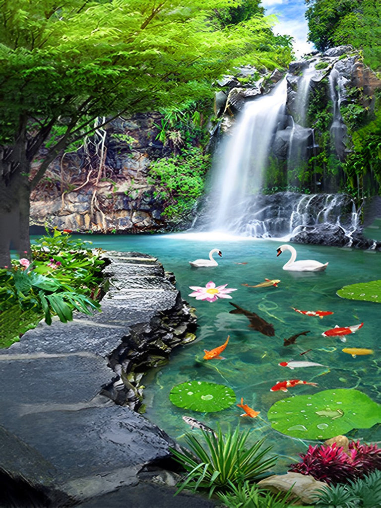 Schwäne und Wasserfall Malen nach Zahlen