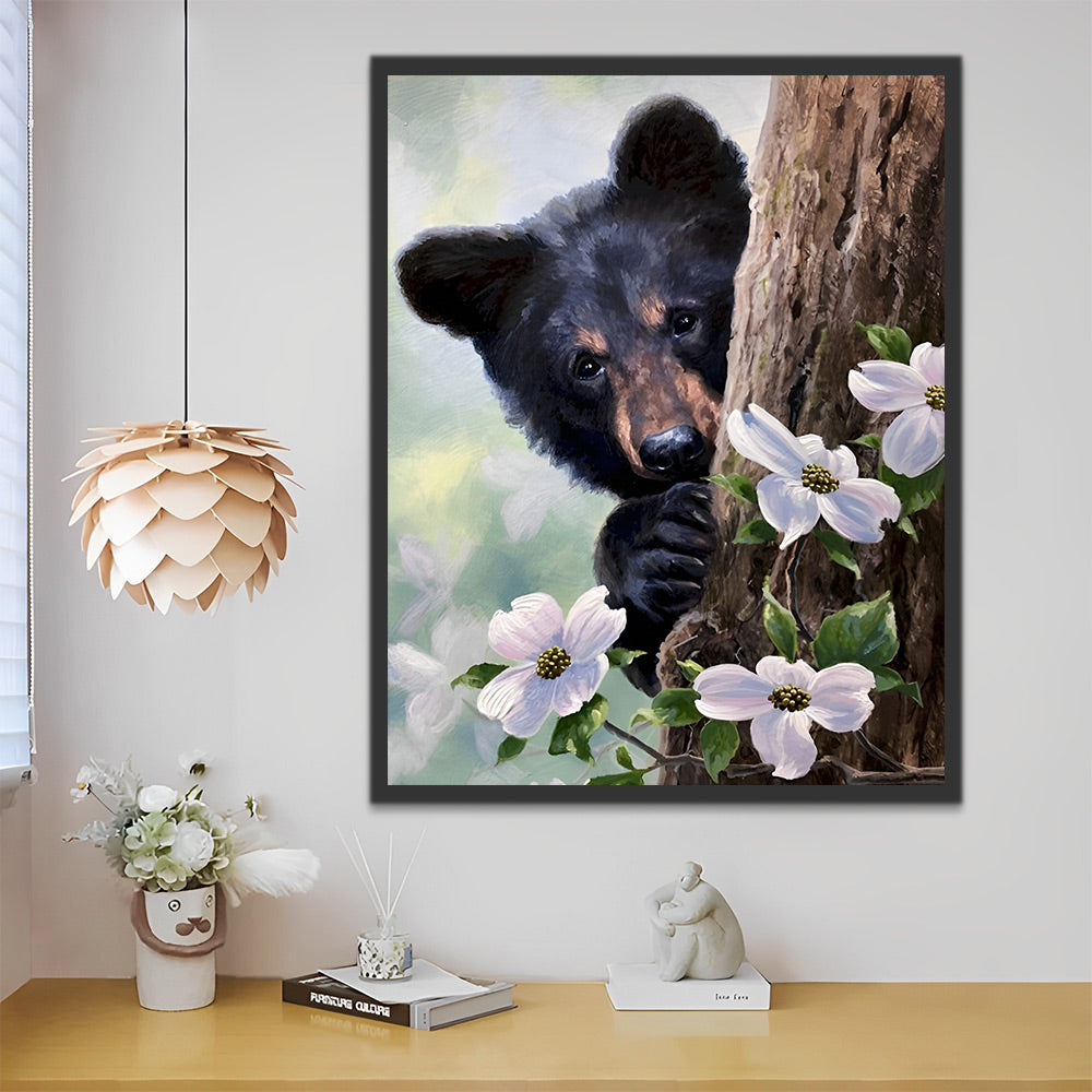 Schwarzbär und weiße Blumen Malen nach Zahlen