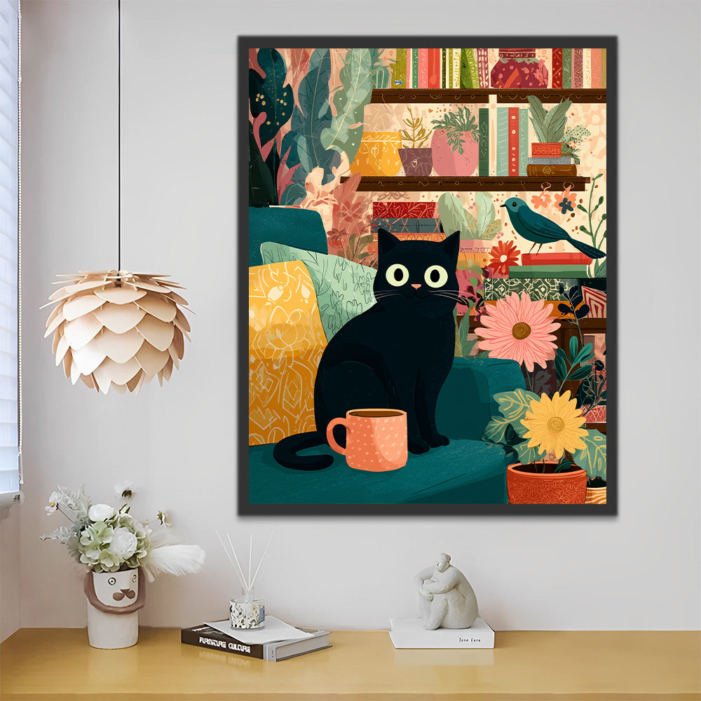 Schwarze Katze im Zimmer voller Topfpflanzen Malen nach Zahlen