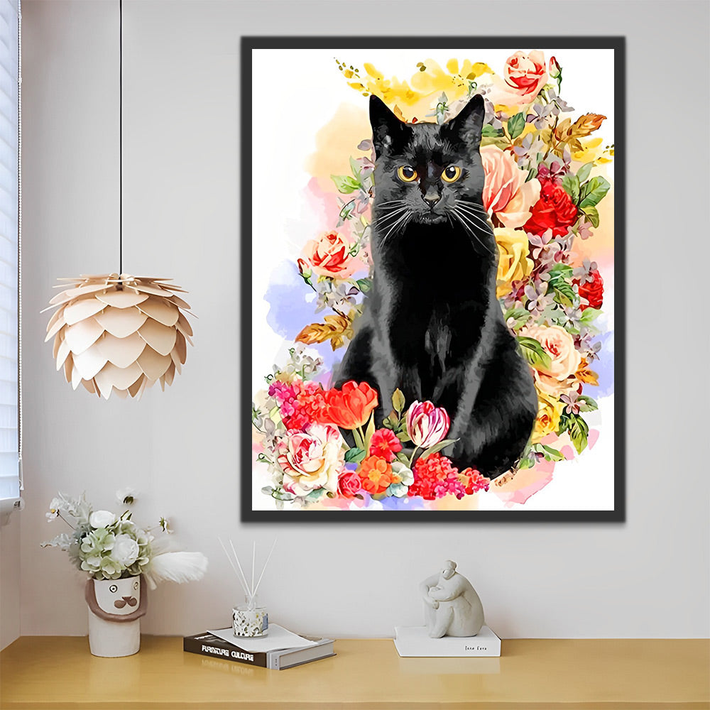 Schwarze Katze in Blumen Malen nach Zahlen