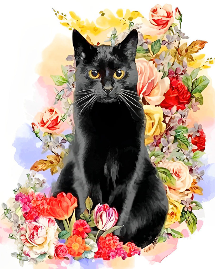 Schwarze Katze in Blumen Malen nach Zahlen