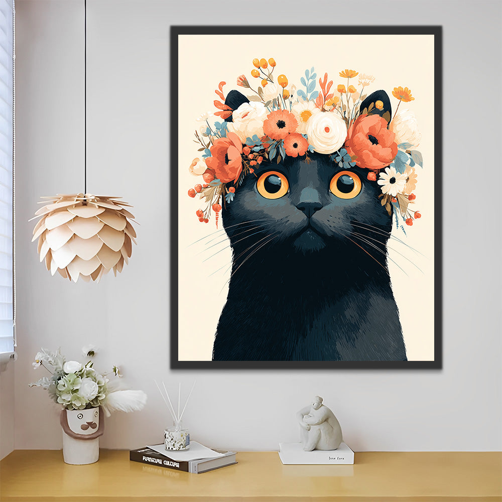 Schwarze Katze mit Kranz Malen nach Zahlen