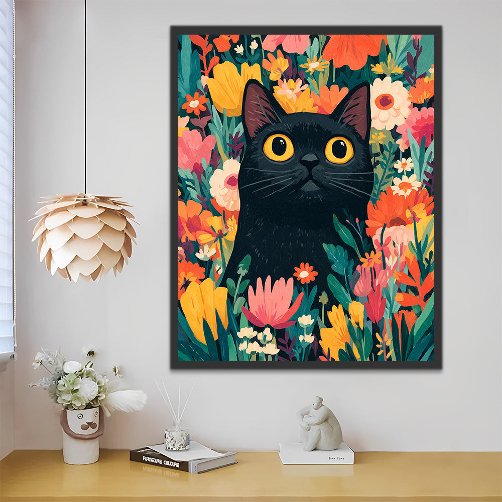 Schwarze Katze zwischen Blumen Malen nach Zahlen