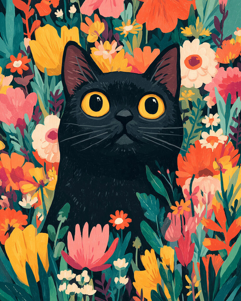 Schwarze Katze zwischen Blumen Malen nach Zahlen