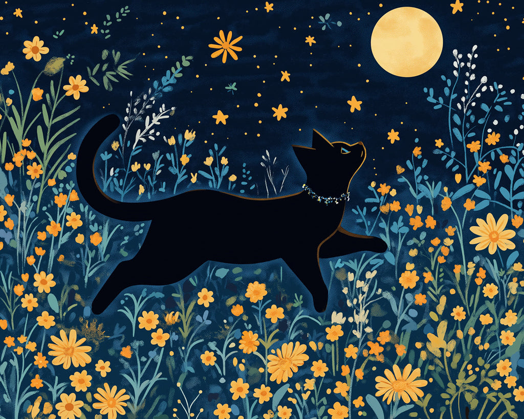 Schwarze Katze Zwischen Gelben Blumen bei Vollmond Malen nach Zahlen