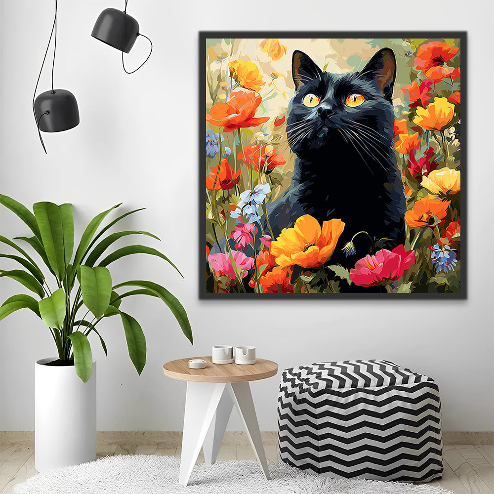 Schwarze Katze zwischen Mohnblumen Malen nach Zahlen