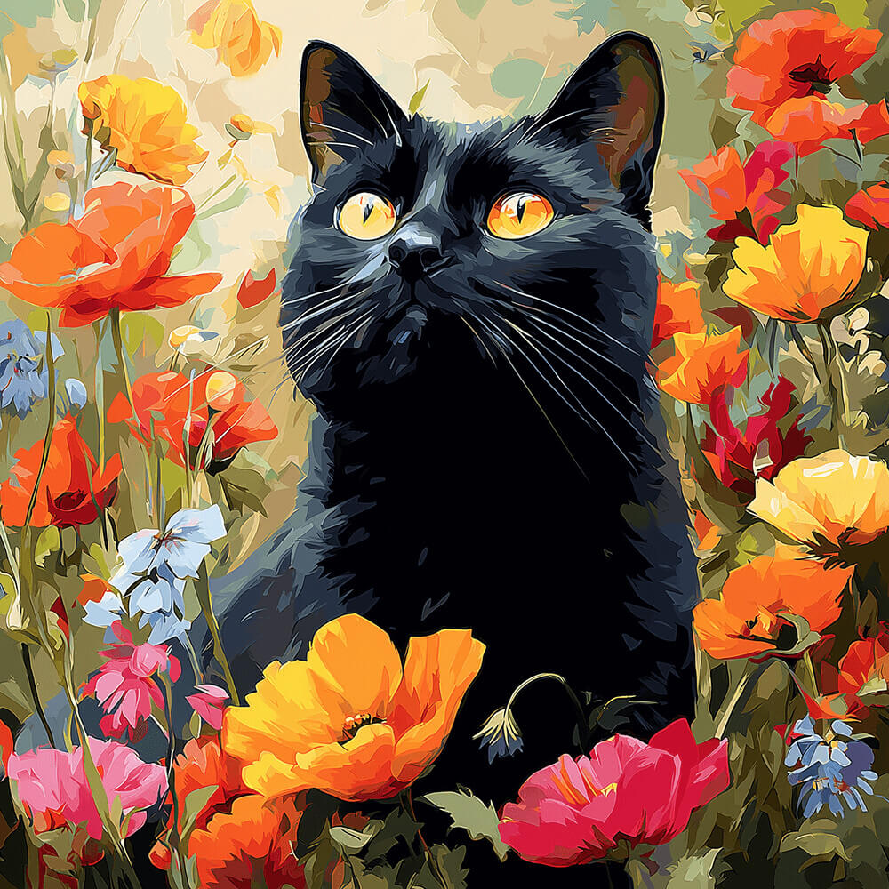 Schwarze Katze zwischen Mohnblumen Malen nach Zahlen
