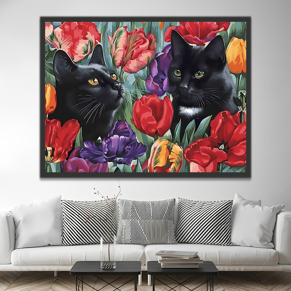 Schwarze Katzen und Tulpen Malen nach Zahlen