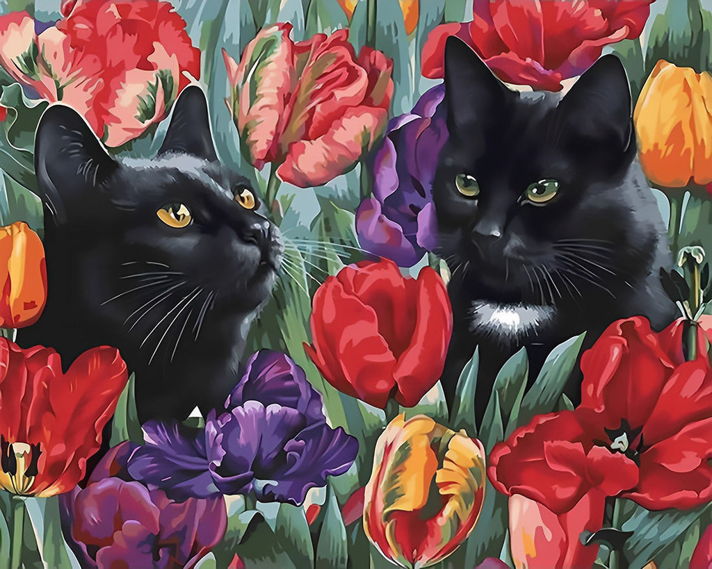 Schwarze Katzen und Tulpen Malen nach Zahlen