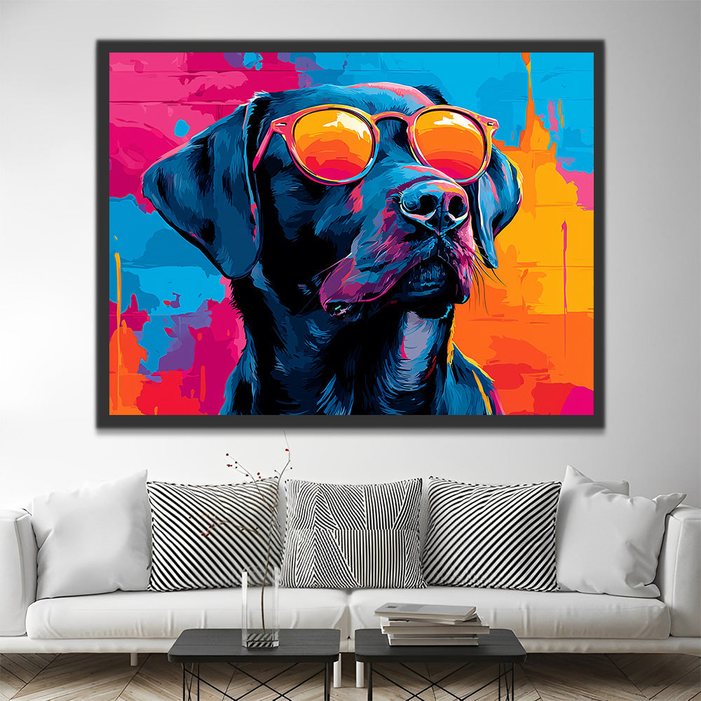 Schwarzer Labrador mit oranger Sonnenbrille Malen nach Zahlen