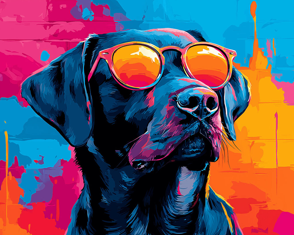 Schwarzer Labrador mit oranger Sonnenbrille Malen nach Zahlen