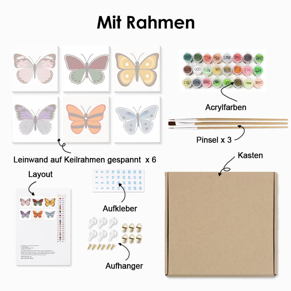 Sechs Schmetterlinge 6 Stück Mini Malen nach Zahlen
