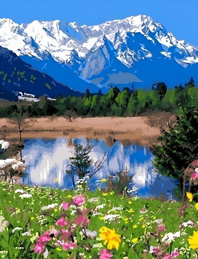 See, Blumen und verschneite Berge Malen nach Zahlen